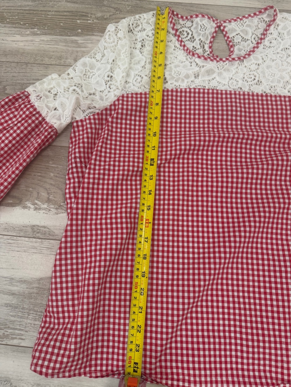 Marc New York Red White Gingham Check Lace Yoke Bell Sleeve Blouse Top L - Picture 11 of 11